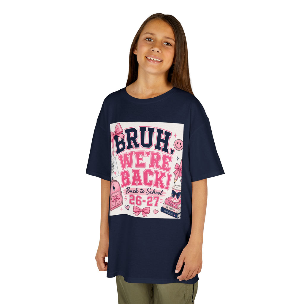 Kids Tee — "Bruh, We're Back!" Back to School Pink Graphic